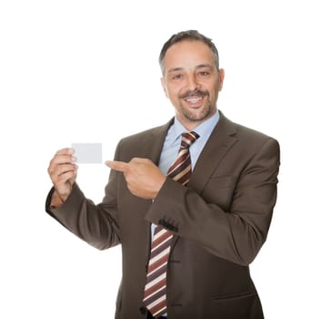 Portrait of happy businessman showing a blank business card on white background.