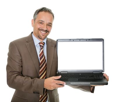 Portrait of marketing executive displaying a laptop on white background.