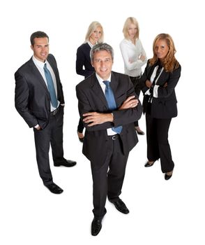 Successful businessman leading his team on white background