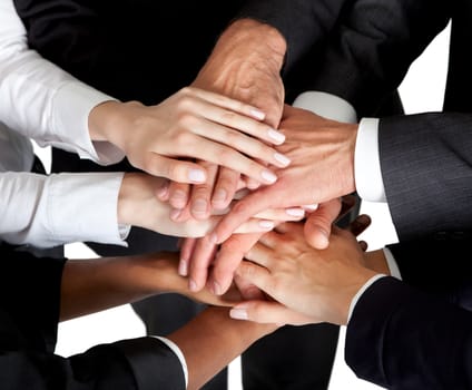 Closeup portrait of group of business people with hands together