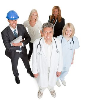 Portrait of happy working people illustrating different career options on white
