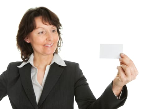 Businesswoman holding blank card. Isolated on white