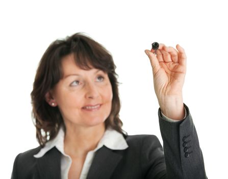 Businesswoman drawing a sketch using marker. Isolated on white