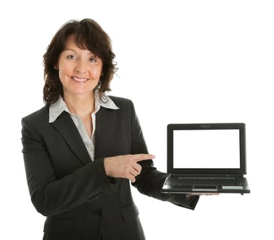 Business woman presenting laptopn. Isolated on white