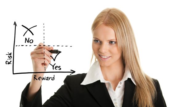 Businesswoman drawing a risk-reward diagram. Isolated on white