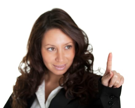 Business woman touching the screen with her finger. Isolated on white