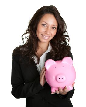 Beautiful woman holding her personal savings in piggy bank. Isolated