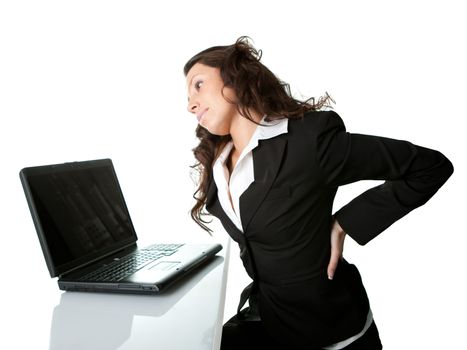 Business women having back pain. Isolated on white