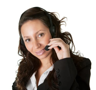 Cheerfull call center operator. Isolated on white