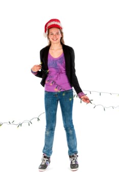a girl wrapped in christmas lights on a white background