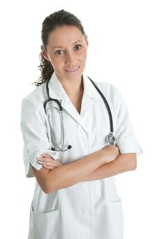 Smiling medical doctor woman with stethoscope. Isolated on white