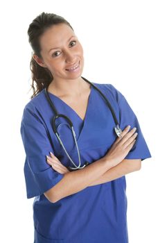 Smiling nurse woman with stethoscope. Isolated on white