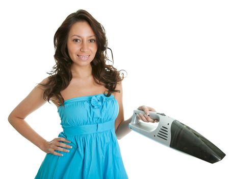 Cheerful woman with handheld vacuum cleaner. Isolated on white