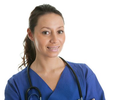 Smiling nurse woman with stethoscope. Isolated on white