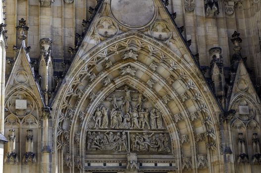 Detail of the impressive Saint Vitus Cathedral facade in Prague, Czech Republic.