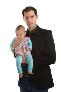 Portrait of successful business man with his cute baby isolated on white background