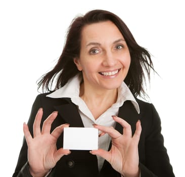 Businesswoman holding blank card. Isolated on white