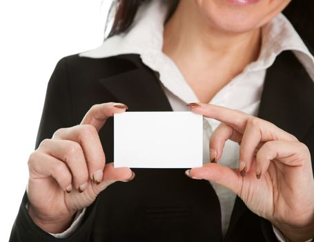 Businesswoman holding blank card. Isolated on white