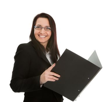 Mature successful businesswoman with documents. Isolated on wihte