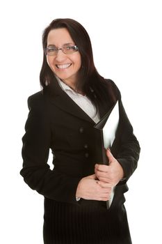 Mature successful businesswoman with documents. Isolated on wihte
