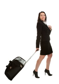 Cheerful businesswomen with travel bag. Isoalted on white