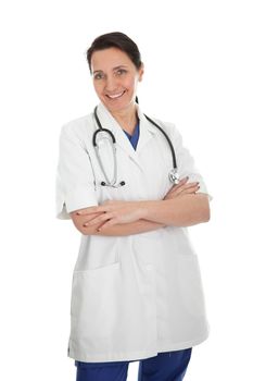 Smiling medical doctor woman with stethoscope. Isolated on white