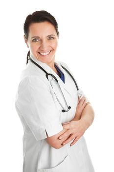 Smiling medical doctor woman with stethoscope. Isolated on white