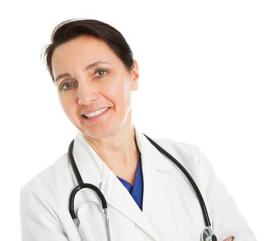 Smiling medical doctor woman with stethoscope. Isolated on white