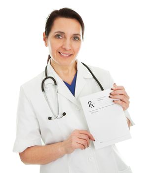 Cheerful medical doctor woman giving away prescription. Isolated on white