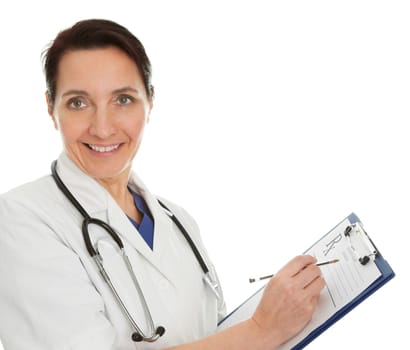 Cheerful medical doctor woman filling out prescription. Isolated on white