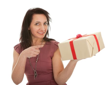 Happy woman holding gift box. Isolated on white