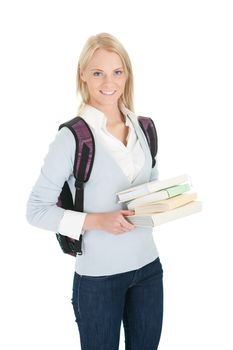 Portrait of beautiful student girl with books. Isolated on white