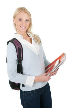 Portrait of beautiful student girl with books. Isolated on white