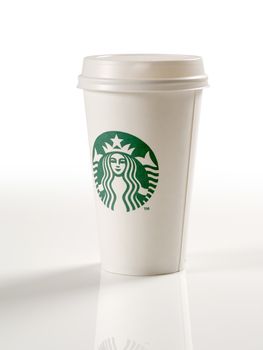 Starbucks paper cup isolated on a white background.