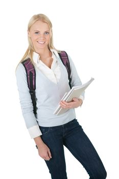 Portrait of beautiful student girl with books. Isolated on white