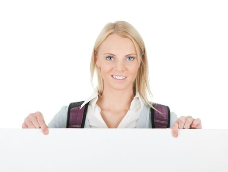 Beautiful student girl presenting empty banner. Isolated on white