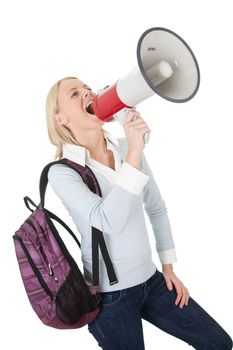 Beautiful student girl shouting in megaphone. Isolated on white