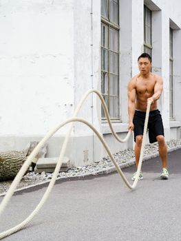 Photo of a muscular Asian man working out with training ropes.
