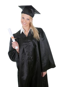 Beautiful female student graduating. Isolated on white