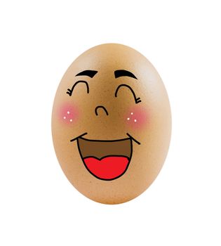 one  brown egg with smiling face on white background .