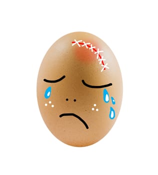 one  brown egg with crying face  on white background .