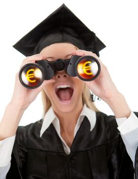 Student in graduation gown looking through binoculars. Isolated on white