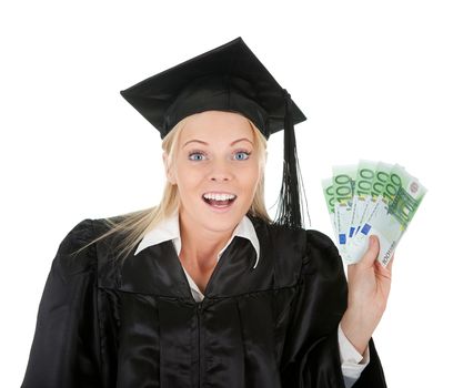 Female graduate student holding money. Isolated on white