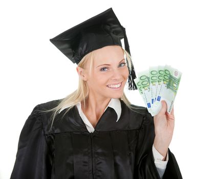 Female graduate student holding money. Isolated on white