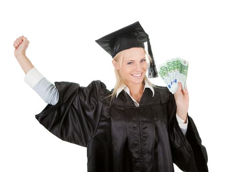 Female graduate student holding money. Isolated on white