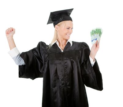 Female graduate student holding money. Isolated on white
