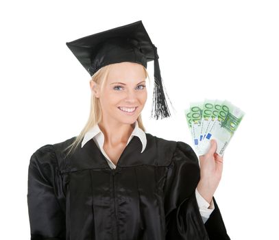 Female graduate student holding money. Isolated on white