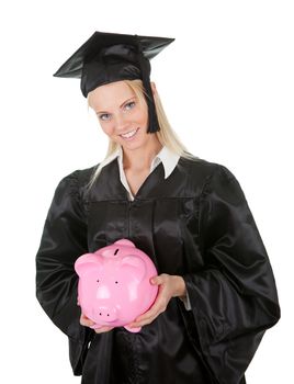 Female graduate student holding piggybank. Isolated on white