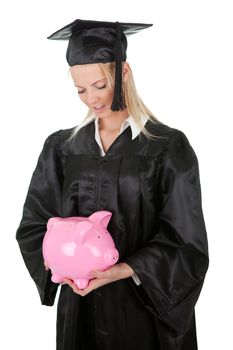 Female graduate student holding money. Isolated on white