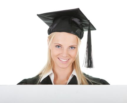 Female graduate student presenting empty board. Isolated on white